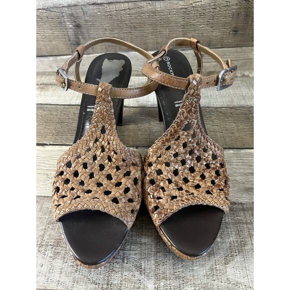Rockport Tan Leather Woven Heeled Sandals Size 6.5 - Picture 1 of 9